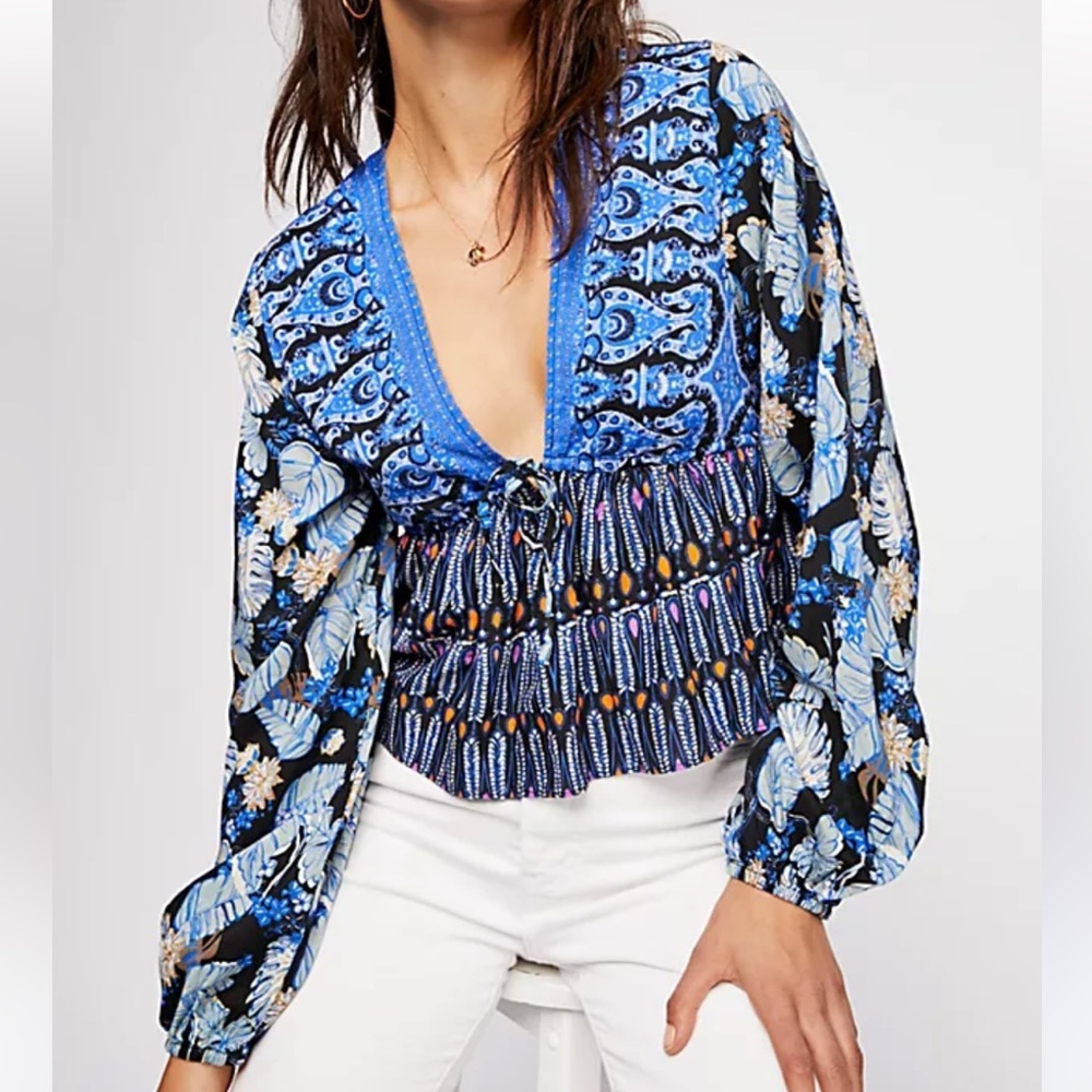 Free People Malibu Mama Printed Boho Top Blue Medium